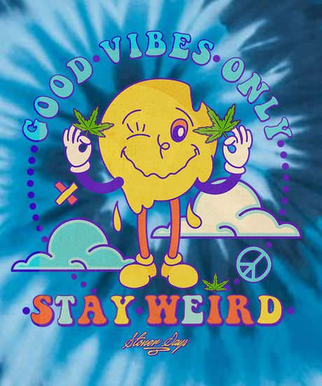 StonerDays Stay Weird T-Shirt in Blue Tie Dye with Funky Graphics, Front View