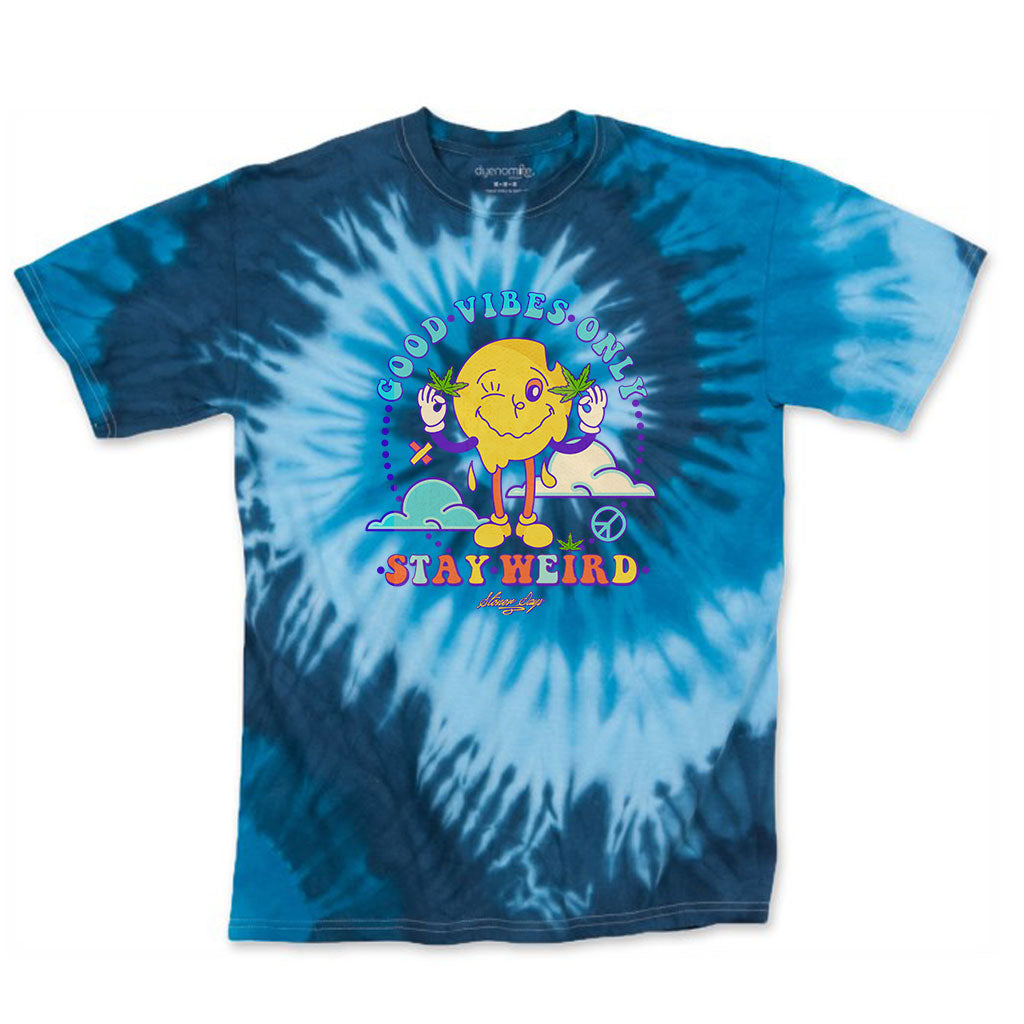 StonerDays Stay Weird Blue Tie Dye T-Shirt with vibrant design, front view on white background