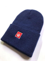 StonerDays navy beanie with red leaf logo, front view on a white background