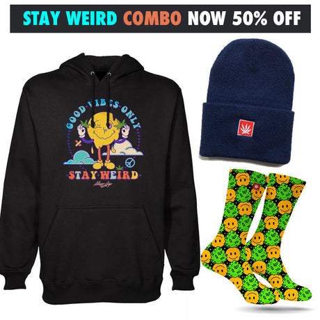 StonerDays Stay Weird Combo with hoodie, beanie, and socks on white background
