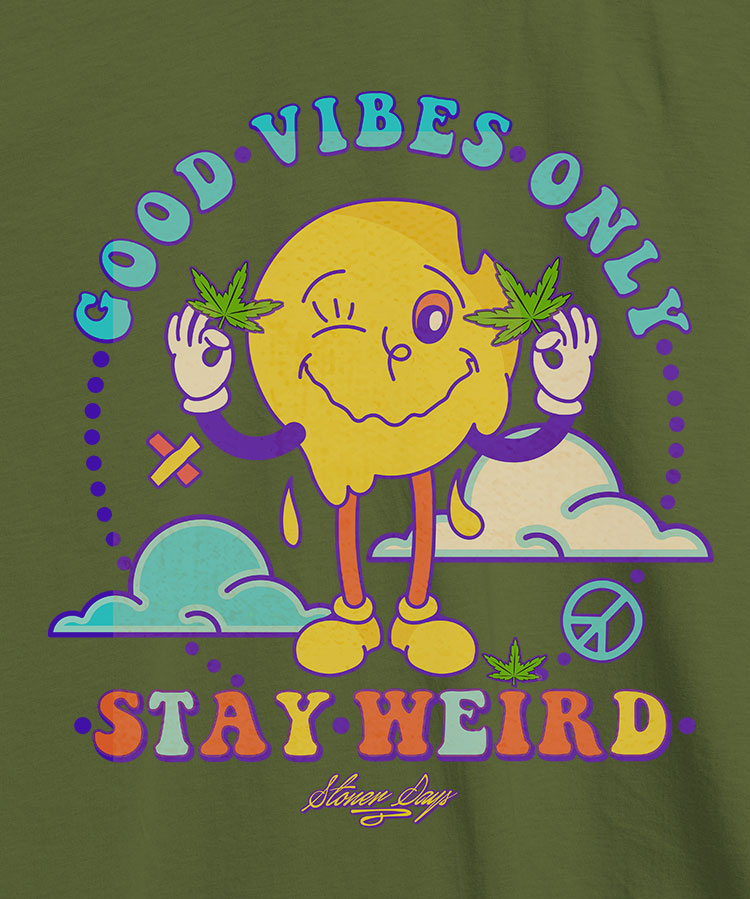 StonerDays Stay Weird Hemp Tee in green with colorful graphic, front view on white background