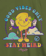 StonerDays Stay Weird Hemp Tee in green with colorful graphic, front view on white background