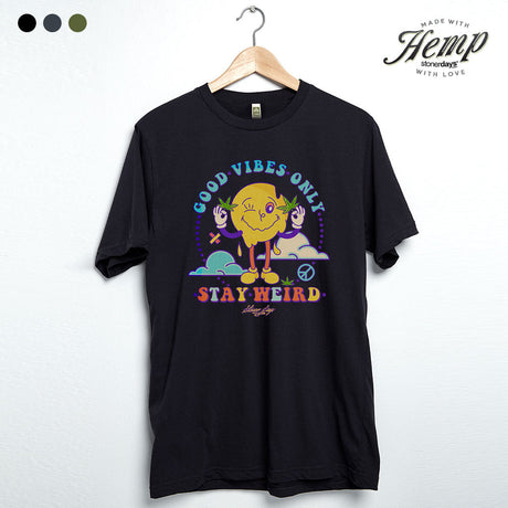 StonerDays Stay Weird Hemp Tee in Caviar Black, front view on hanger, eco-friendly material