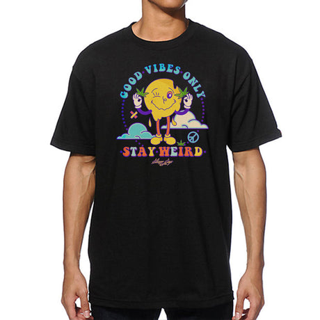 StonerDays Stay Weird Men's T-Shirt in black cotton, front view with colorful print