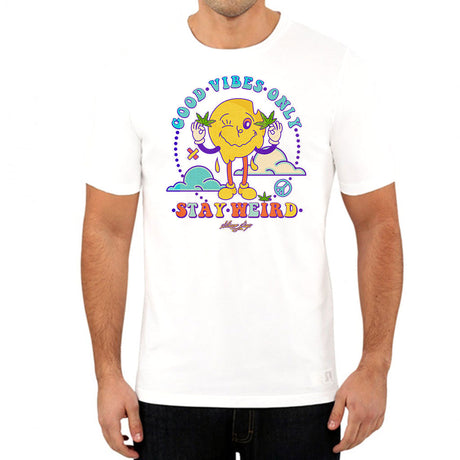 StonerDays Stay Weird White Tee front view on male model, sizes S-XXXL, pure cotton material