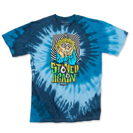 StonerDays 'Stoned Again' blue tie-dye cotton tee with graphic front view on white background