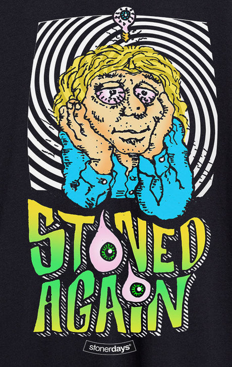 StonerDays Stoned Again Tee with vibrant rainbow tie-dye design, front view on a black background