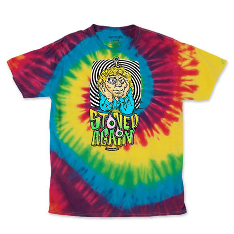StonerDays Stoned Again Tee with vibrant rainbow tie-dye pattern, front view on white background