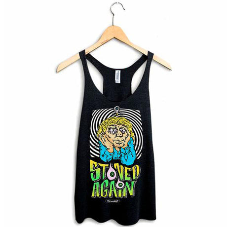 StonerDays Stoned Again Tank by Philly Blunts, women's black cotton blend tank top with graphic print, front view on hanger