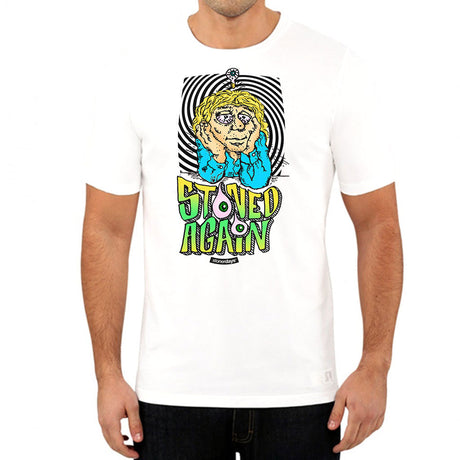StonerDays Stoned Again White Tee front view on model, featuring bold graphic print, 100% cotton