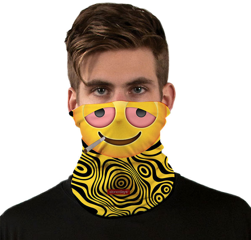 StonerDays Stoned Emoji Neck Gaiter featuring a vibrant yellow emoji print on polyester fabric, front view