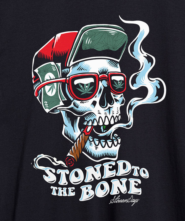 StonerDays men's t-shirt with 'Stoned To The Bone' graphic, close-up view on black fabric
