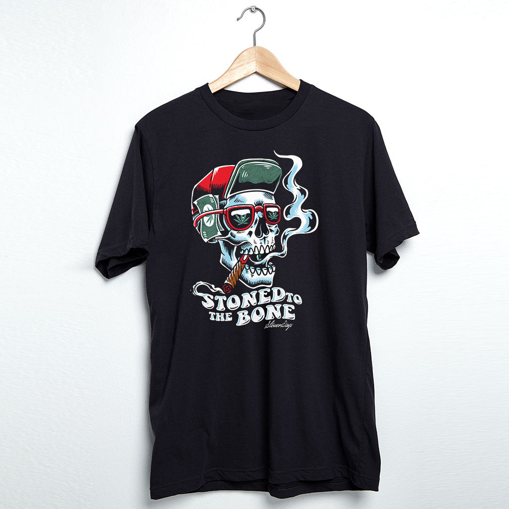 StonerDays 'Stoned To The Bone' T-Shirt in Black - Front View on Hanger