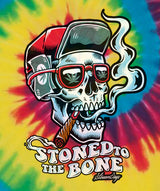 StonerDays 'Stoned To The Bone' graphic tee in rainbow tie dye, front view on white background