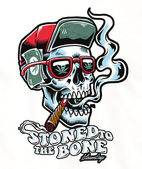 StonerDays 'Stoned To The Bone' graphic on White Tee, Cotton, Chillum Design