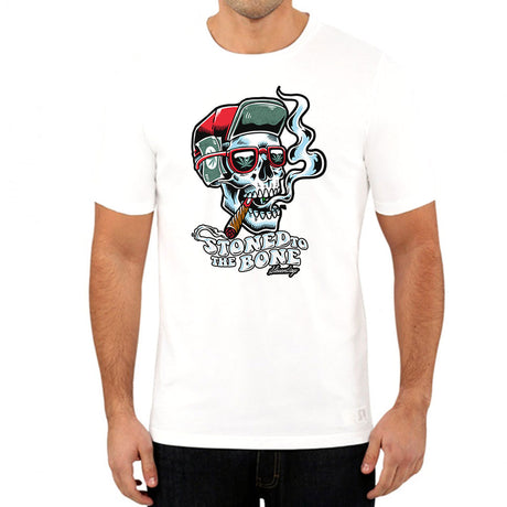 StonerDays 'Stoned To The Bone' White Tee, front view on model, featuring chillum design in vibrant colors