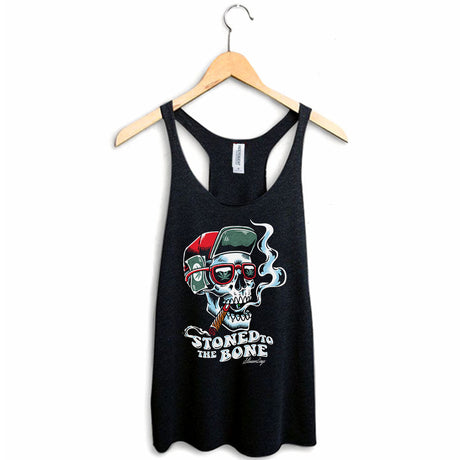 StonerDays Stoned To The Bone Women's Racerback Tank Top in Black, Front View on Hanger