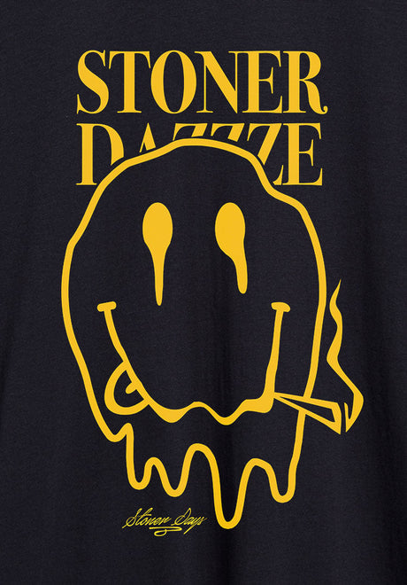Close-up of StonerDays Stoner Dazzze Crop Top Hoodie with yellow graphic design on black cotton