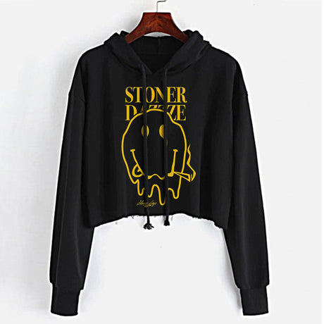 StonerDays Stoner Dazzze black crop top hoodie with yellow print, front view on hanger