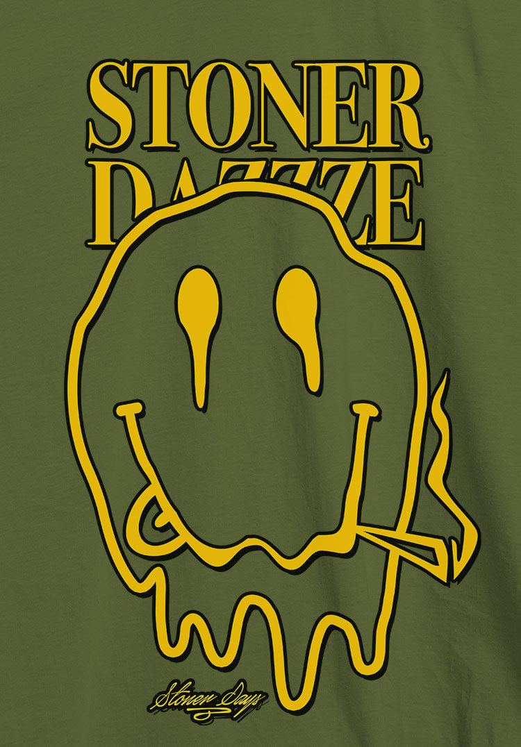 StonerDays Stoner Dazzze Hemp Tee in olive green, front view with bold yellow graphic