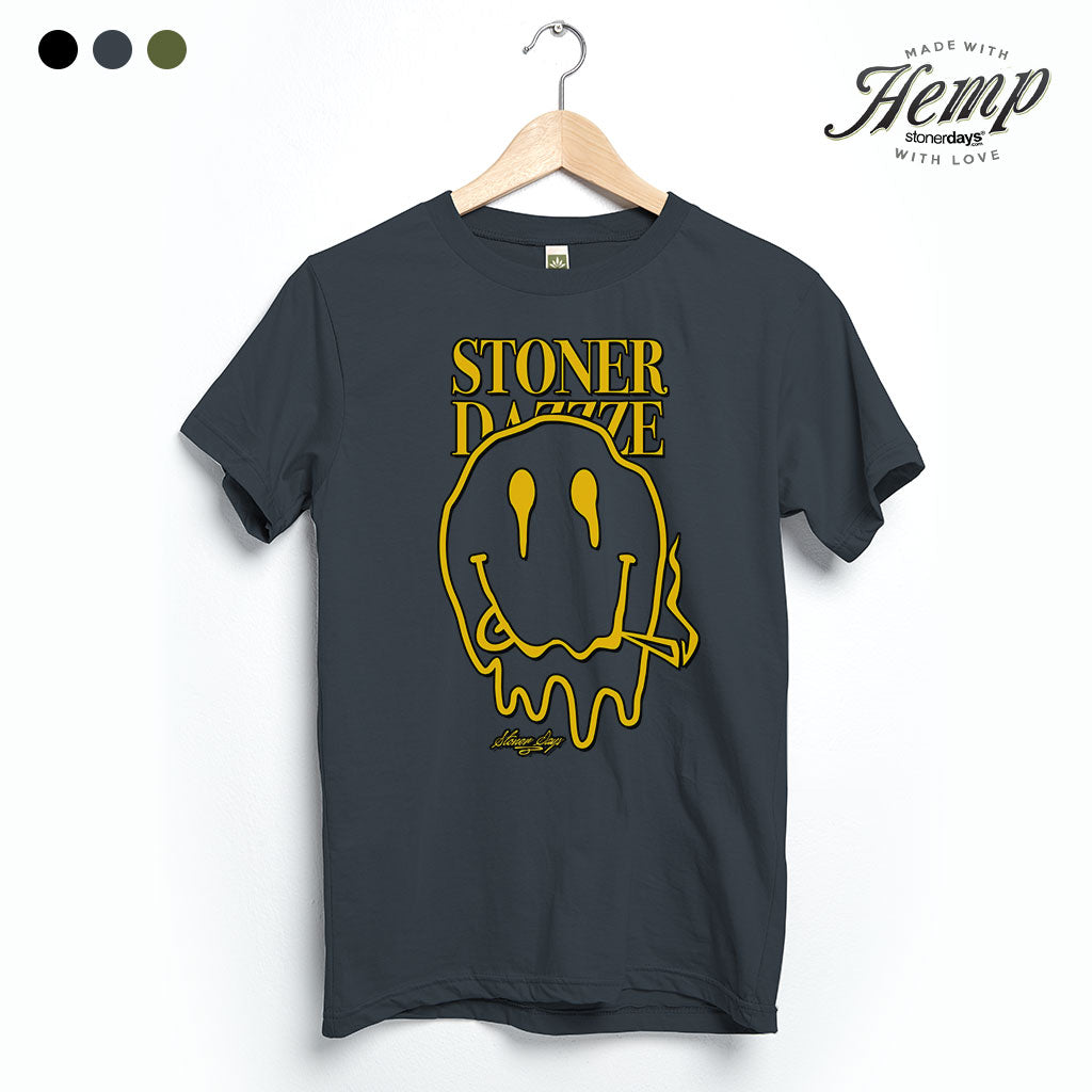 StonerDays Stoner Dazzze Hemp Tee in Smoke Grey, front view on hanger, eco-friendly material
