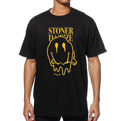 Man wearing StonerDays Stoner Dazzze black t-shirt with yellow graphic, front view, sizes S-3XL