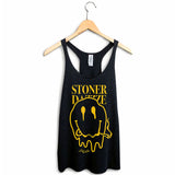 StonerDays Stoner Dazzze Women's Racerback Tank Top in Black with Yellow Print, Hanging on Wooden Hanger