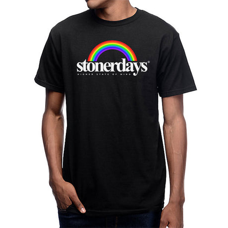 StonerDays Rainbow Tee in black, front view on male model, sizes S to 3XL, made from comfortable cotton