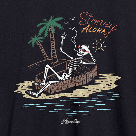StonerDays Stoney Aloha Hoodie close-up, featuring skeleton chillin' on a boat graphic