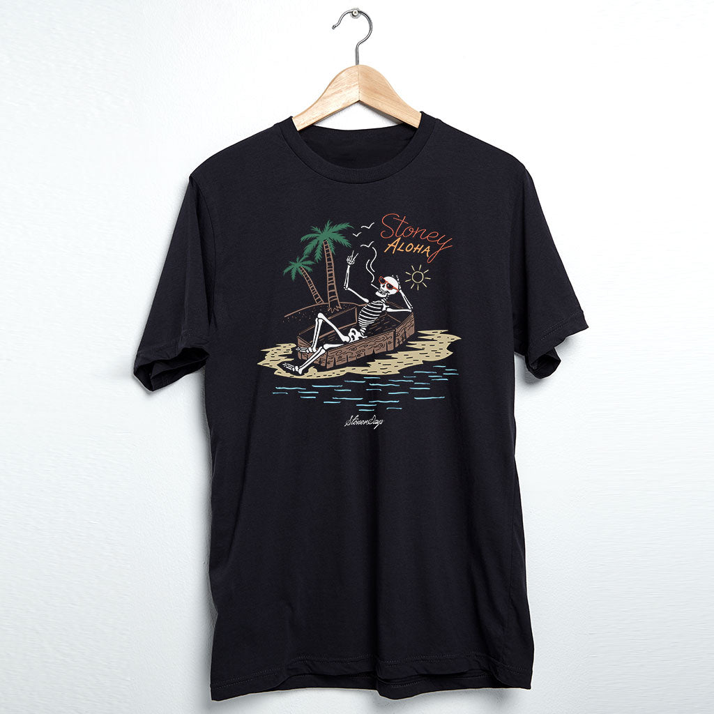 StonerDays Stoney Aloha men's black cotton t-shirt with tropical print, front view on hanger