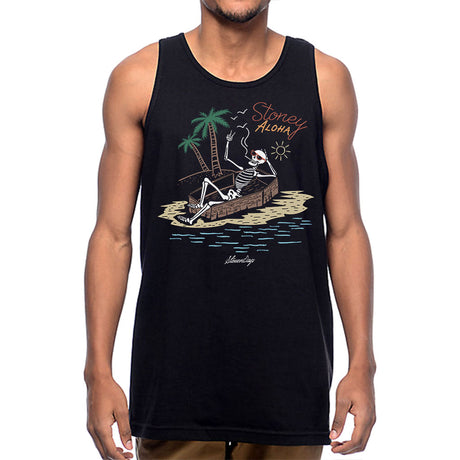 StonerDays Stoney Aloha Tank top in black, front view, featuring a relaxed fit with tropical print design.