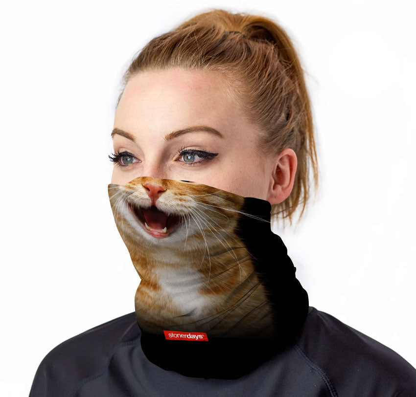 StonerDays Stoney Cat Neck Gaiter featuring a realistic cat face print, worn by a model, front view