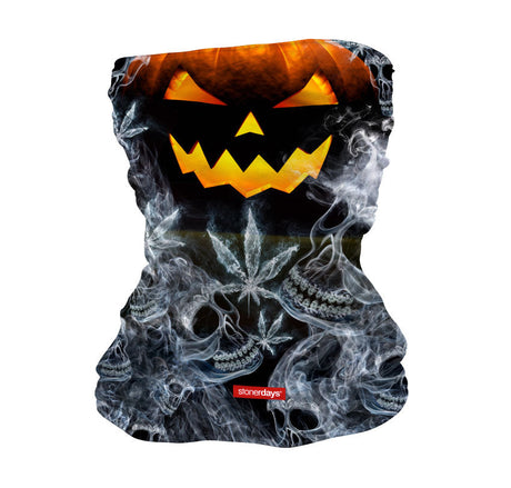 StonerDays Stoney Hollow Neck Gaiter with UV-reactive pumpkin and leaf design on a black background