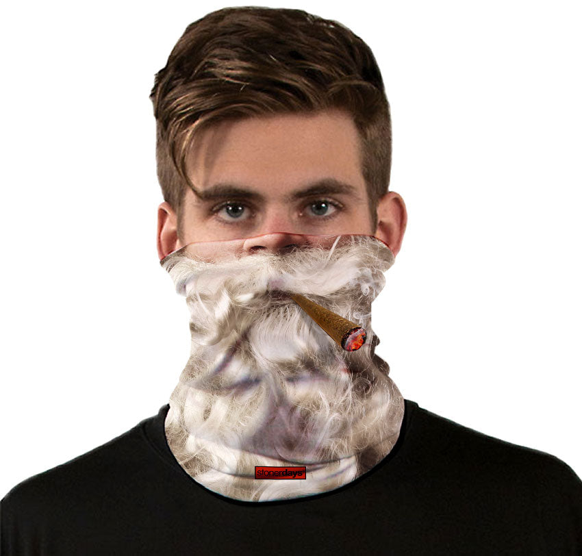 Front view of a person wearing StonerDays Stoney Santa Gaiter with a beard print design