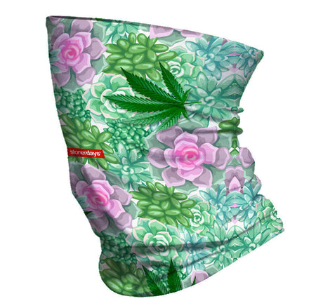 StonerDays Succulents And Sativas Neck Gaiter featuring cannabis leaves and florals, one size fits all