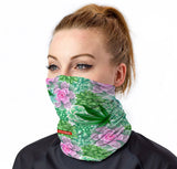 StonerDays Succulents And Sativas Neck Gaiter featuring vibrant green foliage design, front view on model.