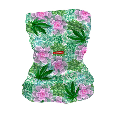 StonerDays Succulents And Sativas Neck Gaiter featuring cannabis leaves and pink succulents design