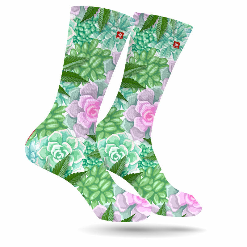 StonerDays Succulents & Sativa Weed Socks with vibrant green and pink floral pattern, one size fits all