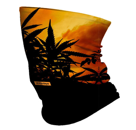 StonerDays Sunset Silhouette Neck Gaiter featuring cannabis leaf design, made with polyester