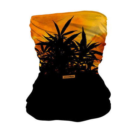 StonerDays neck gaiter with sunset silhouette design, made of polyester, front view on white background