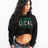 Woman modeling StonerDays Support Local Dispensaries green crop top hoodie, front view