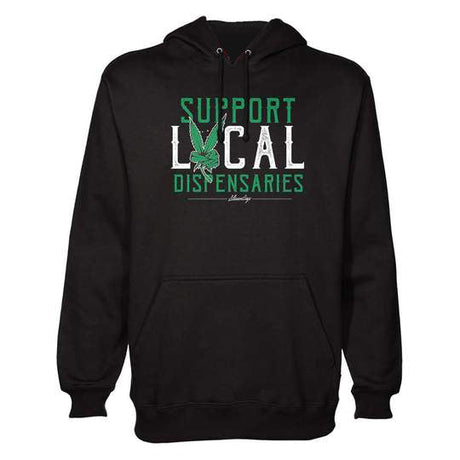 StonerDays men's black cotton hoodie with 'Support Local Dispensaries' graphic in green, front view