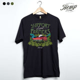 StonerDays Support Local Farmers black hemp tee, front view on hanger, eco-friendly apparel