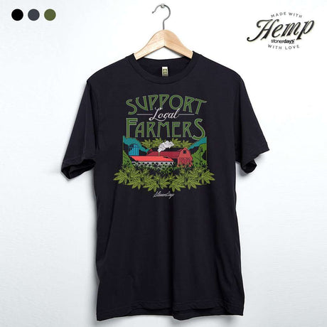 StonerDays Support Local Farmers black hemp tee, front view on hanger, eco-friendly apparel
