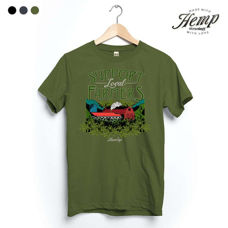 StonerDays Support Local Farmers Hemp Tee in Herb Green, front view on hanger