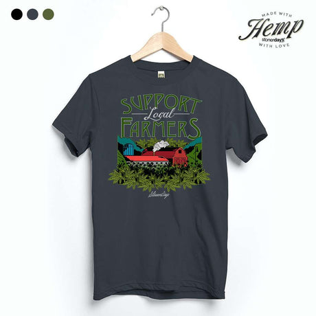 StonerDays Support Local Farmers Hemp Tee in Smoke Grey, front view on hanger