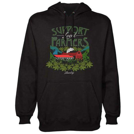 StonerDays Support Local Farmers black hoodie with graphic front view on white background