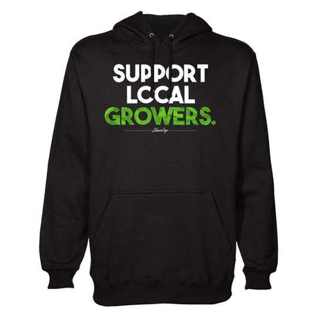 StonerDays Support Local Growers men's black hoodie with green text, front view on white background