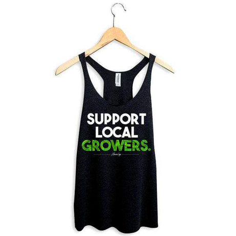 StonerDays Support Local Growers black racerback tank top on hanger, green text, women's sizes S-XXL