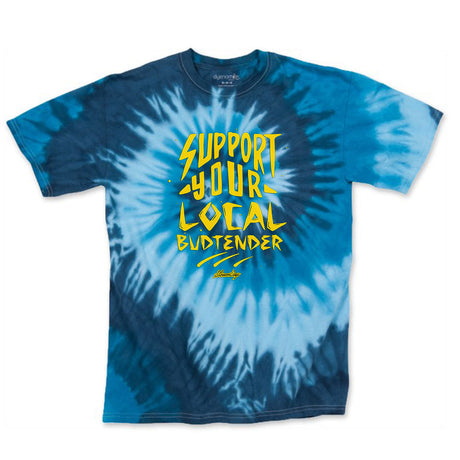 StonerDays blue tie-dye t-shirt with 'Support Your Local Budtender' text, front view on white background